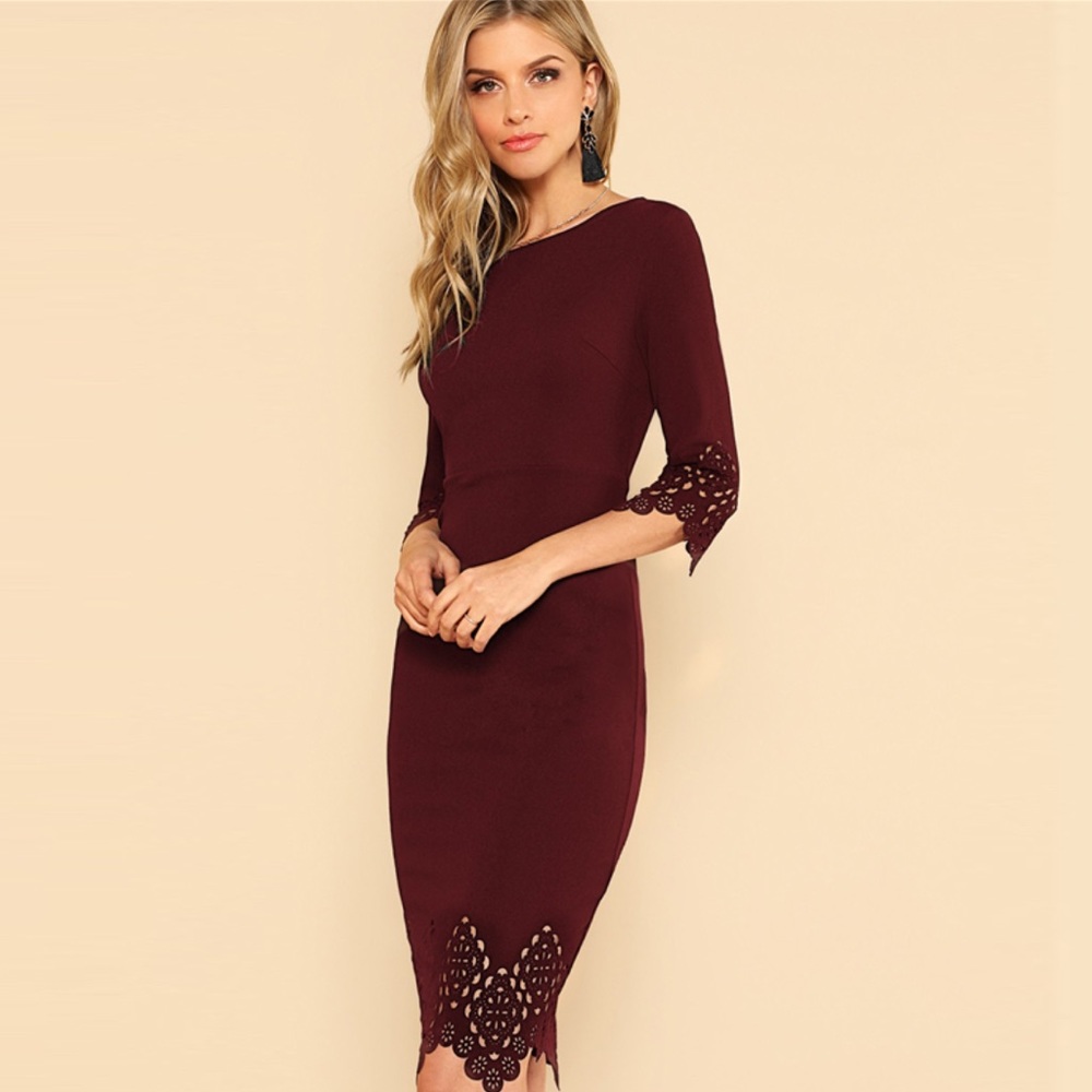 1 Left! Burgundy Bodycon Dress W/ Laser Cut - Picture 4 of 8